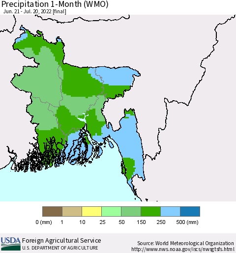 Bangladesh Precipitation 1-Month (WMO) Thematic Map For 6/21/2022 - 7/20/2022