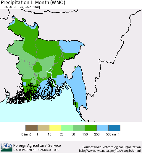 Bangladesh Precipitation 1-Month (WMO) Thematic Map For 6/26/2022 - 7/25/2022