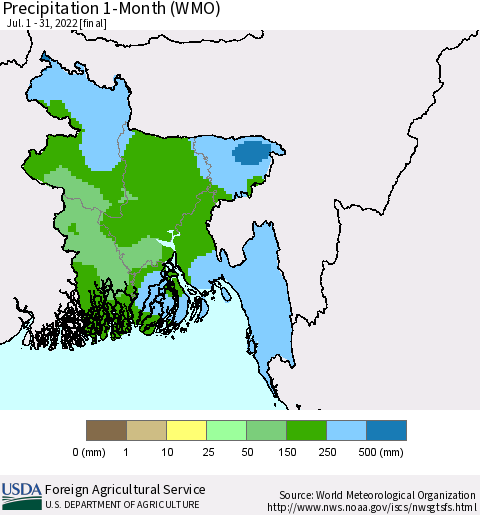 Bangladesh Precipitation 1-Month (WMO) Thematic Map For 7/1/2022 - 7/31/2022