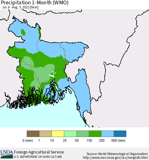 Bangladesh Precipitation 1-Month (WMO) Thematic Map For 7/6/2022 - 8/5/2022