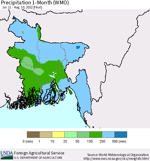 Bangladesh Precipitation 1-Month (WMO) Thematic Map For 7/11/2022 - 8/10/2022