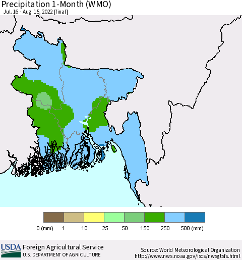 Bangladesh Precipitation 1-Month (WMO) Thematic Map For 7/16/2022 - 8/15/2022