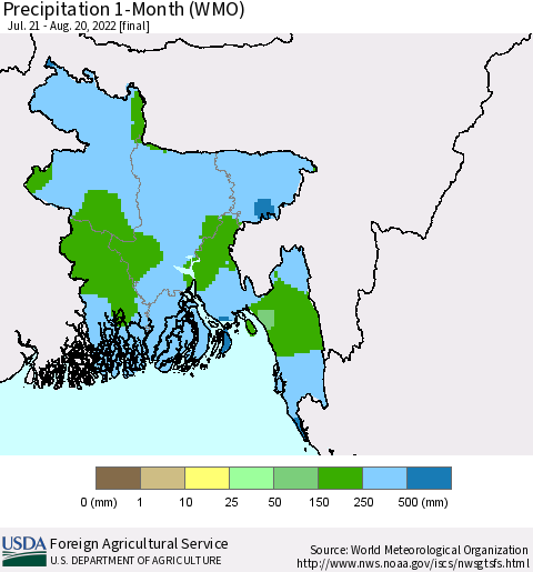 Bangladesh Precipitation 1-Month (WMO) Thematic Map For 7/21/2022 - 8/20/2022