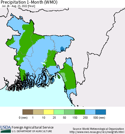 Bangladesh Precipitation 1-Month (WMO) Thematic Map For 7/26/2022 - 8/25/2022