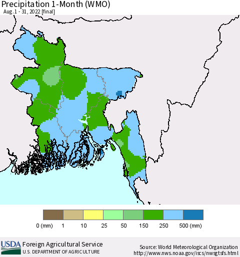 Bangladesh Precipitation 1-Month (WMO) Thematic Map For 8/1/2022 - 8/31/2022
