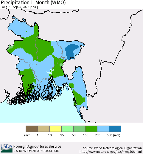 Bangladesh Precipitation 1-Month (WMO) Thematic Map For 8/6/2022 - 9/5/2022