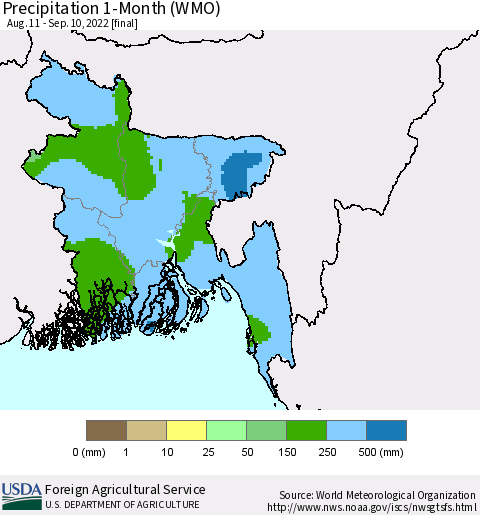 Bangladesh Precipitation 1-Month (WMO) Thematic Map For 8/11/2022 - 9/10/2022