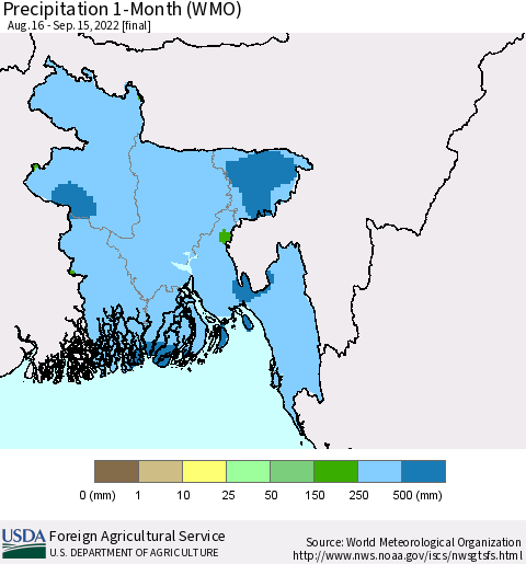 Bangladesh Precipitation 1-Month (WMO) Thematic Map For 8/16/2022 - 9/15/2022
