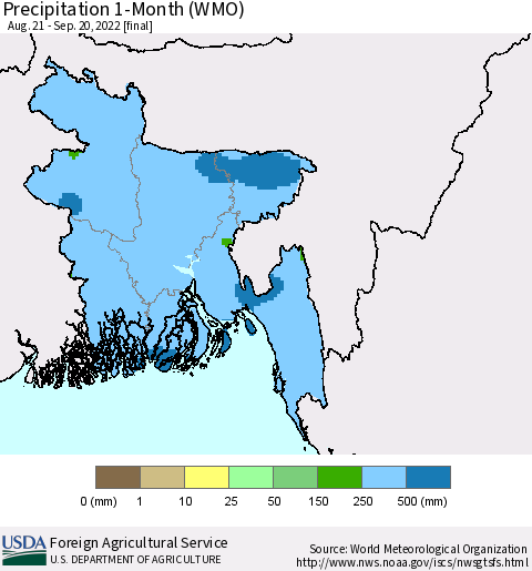 Bangladesh Precipitation 1-Month (WMO) Thematic Map For 8/21/2022 - 9/20/2022