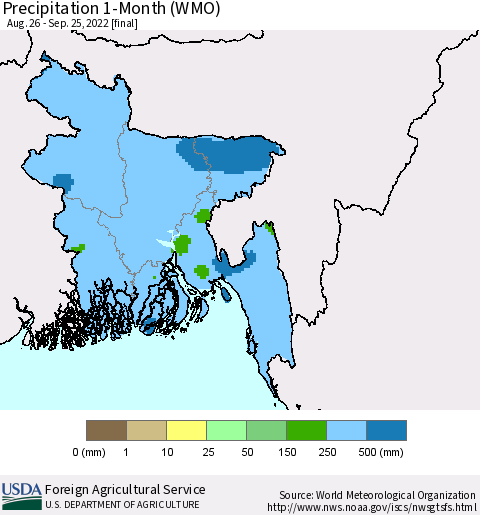Bangladesh Precipitation 1-Month (WMO) Thematic Map For 8/26/2022 - 9/25/2022