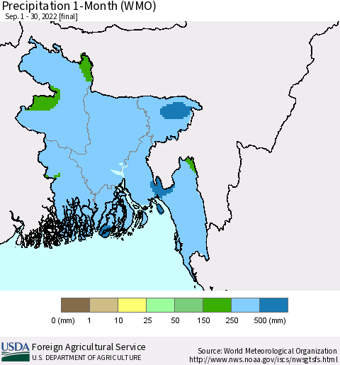 Bangladesh Precipitation 1-Month (WMO) Thematic Map For 9/1/2022 - 9/30/2022