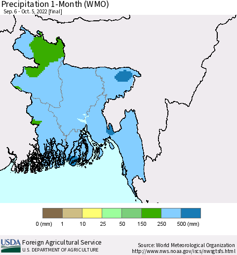 Bangladesh Precipitation 1-Month (WMO) Thematic Map For 9/6/2022 - 10/5/2022