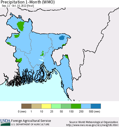 Bangladesh Precipitation 1-Month (WMO) Thematic Map For 9/11/2022 - 10/10/2022