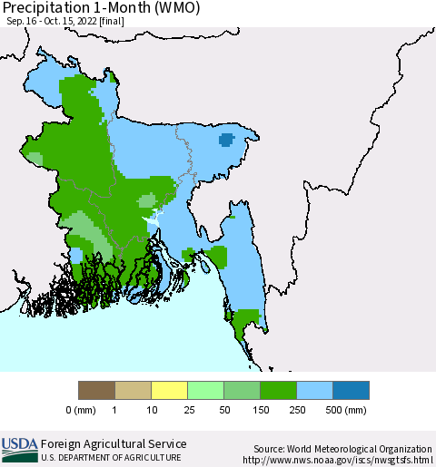 Bangladesh Precipitation 1-Month (WMO) Thematic Map For 9/16/2022 - 10/15/2022