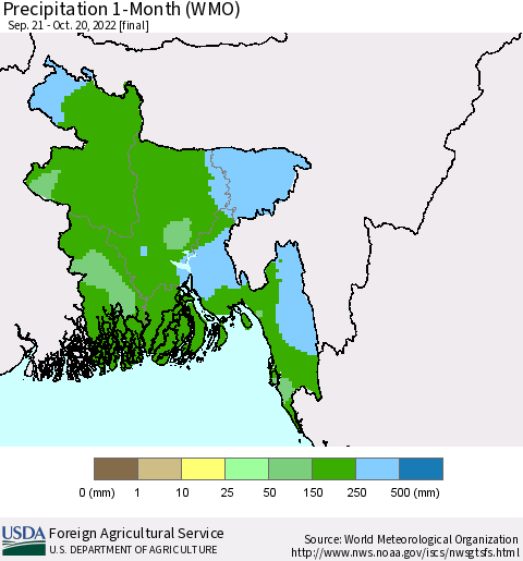 Bangladesh Precipitation 1-Month (WMO) Thematic Map For 9/21/2022 - 10/20/2022