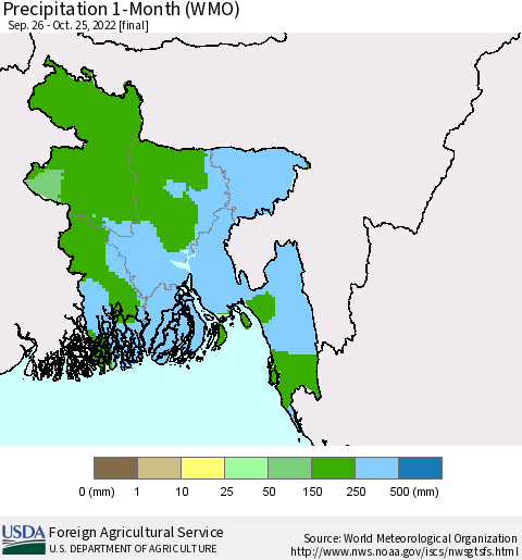 Bangladesh Precipitation 1-Month (WMO) Thematic Map For 9/26/2022 - 10/25/2022