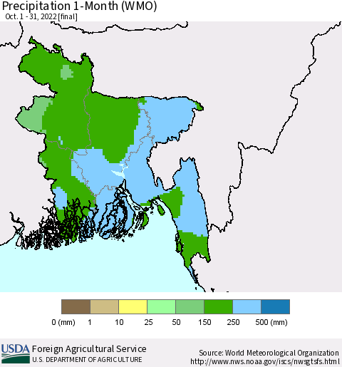 Bangladesh Precipitation 1-Month (WMO) Thematic Map For 10/1/2022 - 10/31/2022