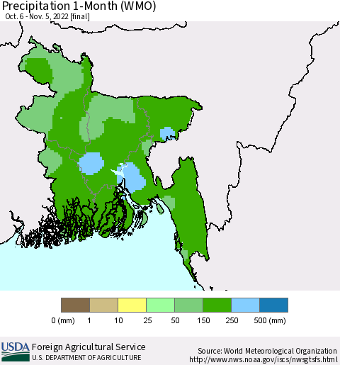 Bangladesh Precipitation 1-Month (WMO) Thematic Map For 10/6/2022 - 11/5/2022