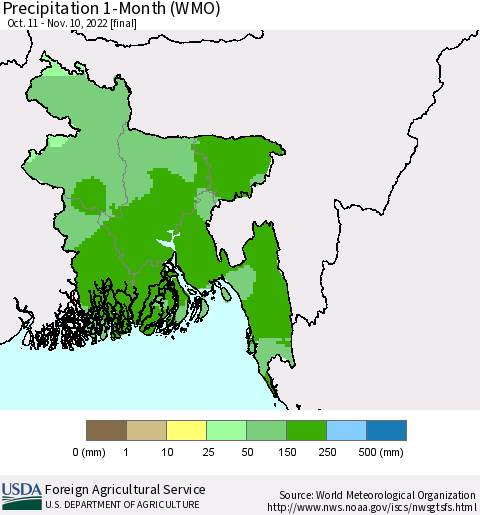 Bangladesh Precipitation 1-Month (WMO) Thematic Map For 10/11/2022 - 11/10/2022