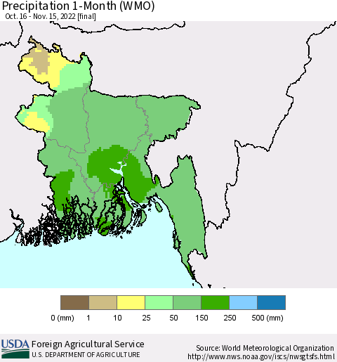 Bangladesh Precipitation 1-Month (WMO) Thematic Map For 10/16/2022 - 11/15/2022