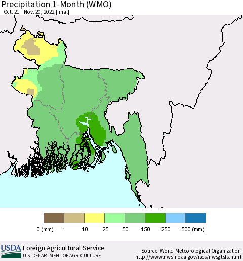 Bangladesh Precipitation 1-Month (WMO) Thematic Map For 10/21/2022 - 11/20/2022
