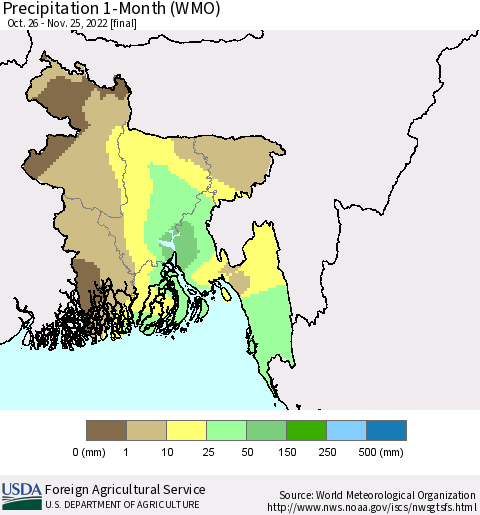Bangladesh Precipitation 1-Month (WMO) Thematic Map For 10/26/2022 - 11/25/2022