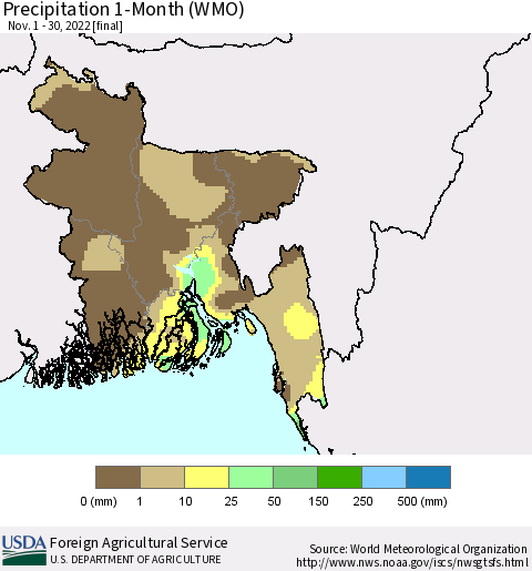 Bangladesh Precipitation 1-Month (WMO) Thematic Map For 11/1/2022 - 11/30/2022