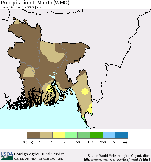 Bangladesh Precipitation 1-Month (WMO) Thematic Map For 11/16/2022 - 12/15/2022