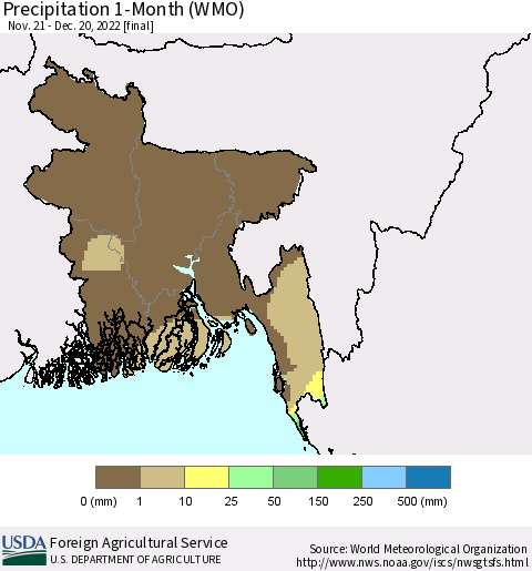 Bangladesh Precipitation 1-Month (WMO) Thematic Map For 11/21/2022 - 12/20/2022