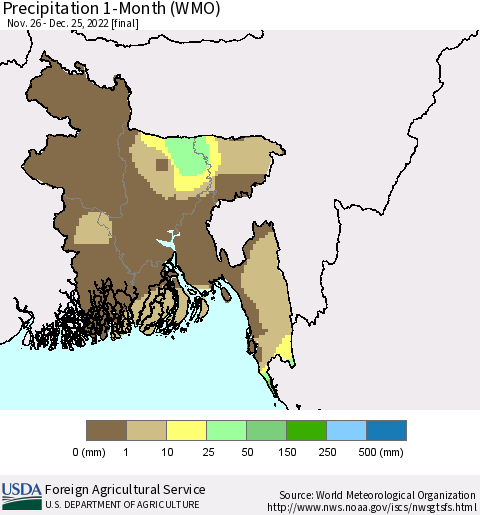 Bangladesh Precipitation 1-Month (WMO) Thematic Map For 11/26/2022 - 12/25/2022