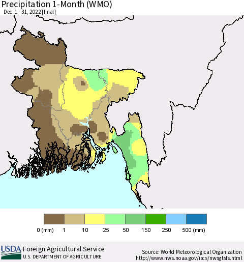 Bangladesh Precipitation 1-Month (WMO) Thematic Map For 12/1/2022 - 12/31/2022