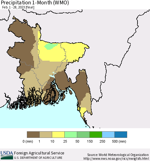 Bangladesh Precipitation 1-Month (WMO) Thematic Map For 2/1/2023 - 2/28/2023