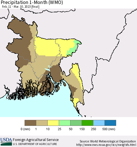 Bangladesh Precipitation 1-Month (WMO) Thematic Map For 2/11/2023 - 3/10/2023