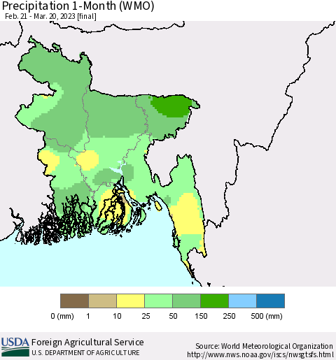Bangladesh Precipitation 1-Month (WMO) Thematic Map For 2/21/2023 - 3/20/2023
