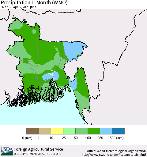 Bangladesh Precipitation 1-Month (WMO) Thematic Map For 3/6/2023 - 4/5/2023