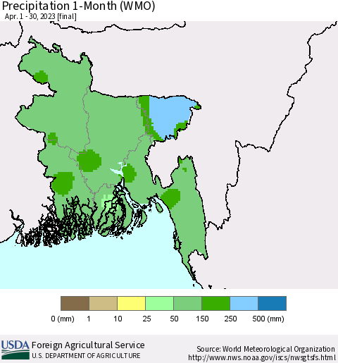 Bangladesh Precipitation 1-Month (WMO) Thematic Map For 4/1/2023 - 4/30/2023