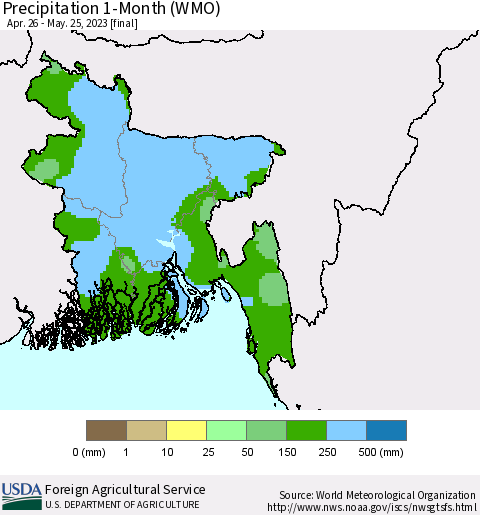 Bangladesh Precipitation 1-Month (WMO) Thematic Map For 4/26/2023 - 5/25/2023