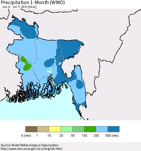 Bangladesh Precipitation 1-Month (WMO) Thematic Map For 6/6/2023 - 7/5/2023