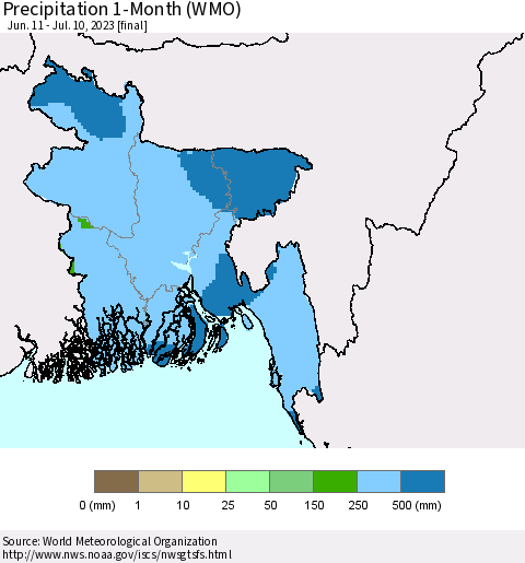Bangladesh Precipitation 1-Month (WMO) Thematic Map For 6/11/2023 - 7/10/2023
