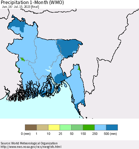 Bangladesh Precipitation 1-Month (WMO) Thematic Map For 6/16/2023 - 7/15/2023
