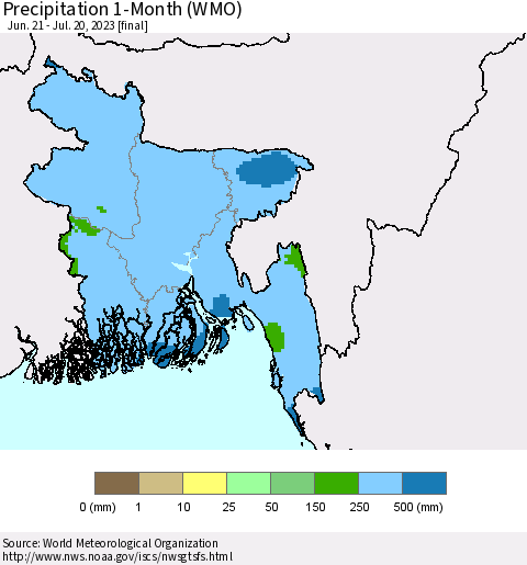 Bangladesh Precipitation 1-Month (WMO) Thematic Map For 6/21/2023 - 7/20/2023
