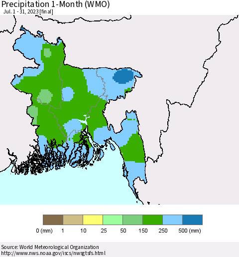 Bangladesh Precipitation 1-Month (WMO) Thematic Map For 7/1/2023 - 7/31/2023