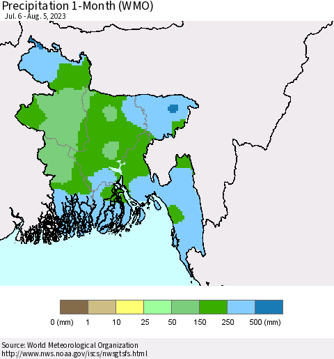Bangladesh Precipitation 1-Month (WMO) Thematic Map For 7/6/2023 - 8/5/2023