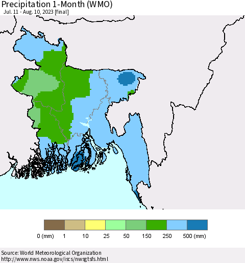 Bangladesh Precipitation 1-Month (WMO) Thematic Map For 7/11/2023 - 8/10/2023