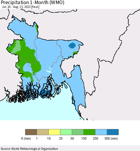 Bangladesh Precipitation 1-Month (WMO) Thematic Map For 7/16/2023 - 8/15/2023