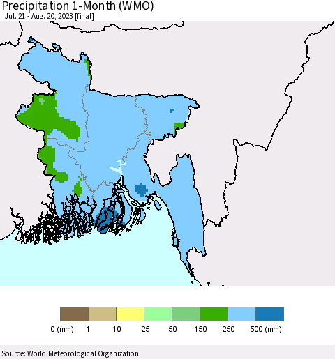 Bangladesh Precipitation 1-Month (WMO) Thematic Map For 7/21/2023 - 8/20/2023