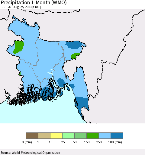Bangladesh Precipitation 1-Month (WMO) Thematic Map For 7/26/2023 - 8/25/2023