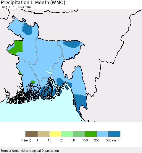 Bangladesh Precipitation 1-Month (WMO) Thematic Map For 8/1/2023 - 8/31/2023