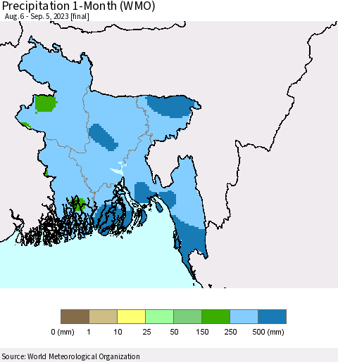 Bangladesh Precipitation 1-Month (WMO) Thematic Map For 8/6/2023 - 9/5/2023