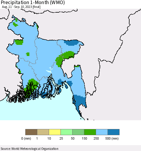 Bangladesh Precipitation 1-Month (WMO) Thematic Map For 8/11/2023 - 9/10/2023